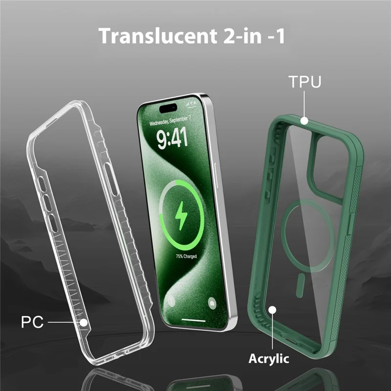 For iPhone 15 Pro Max Magnetic Case Translucent Detachable 2 in 1 TPU + PC Shockproof Phone Cover - Green
