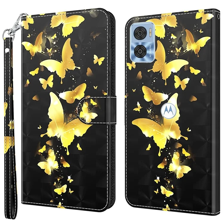 Per Motorola Moto E22 4G / Moto E22i 4G Custodia antishock, stampa del modello 3D, custodia a portafoglio in pelle PU con supporto e cinturino da polso - Farfalle dorate