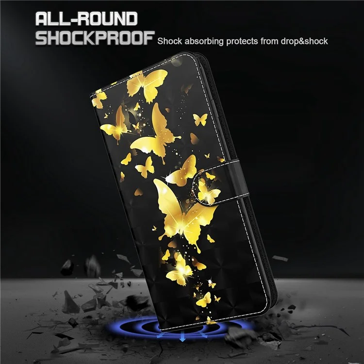 Per Motorola Moto E22 4G / Moto E22i 4G Custodia antishock, stampa del modello 3D, custodia a portafoglio in pelle PU con supporto e cinturino da polso - Farfalle dorate