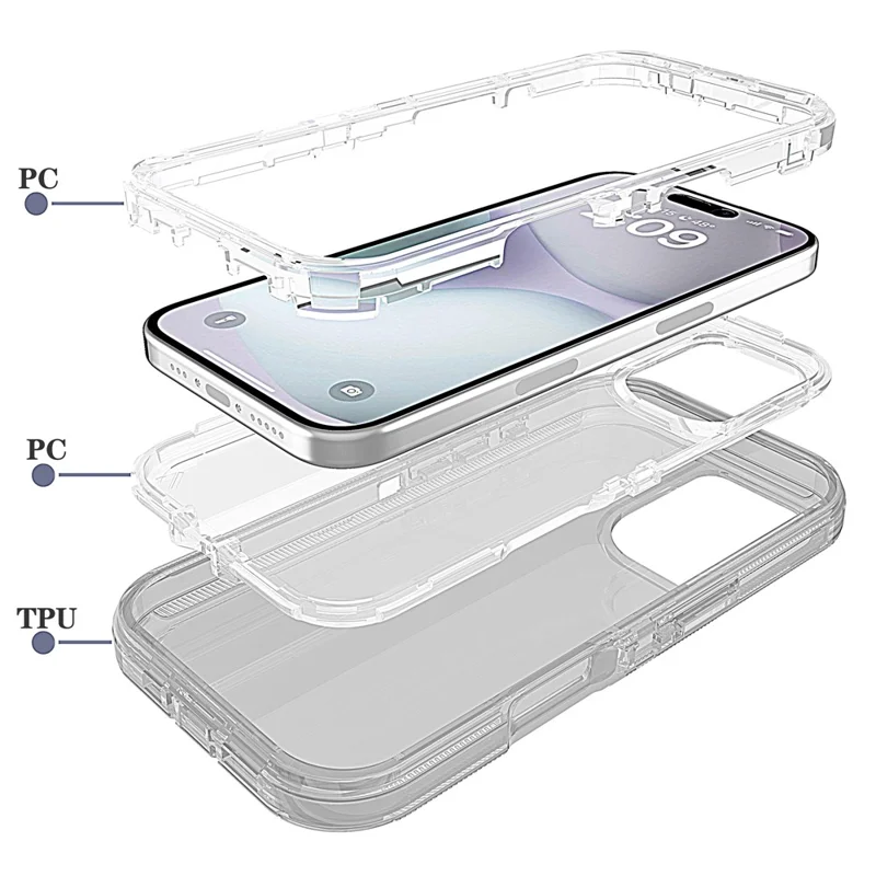 For iPhone 16 Plus Case 3 in 1 Detachable Shockproof TPU + PC Phone Back Cover - Transparent Grey
