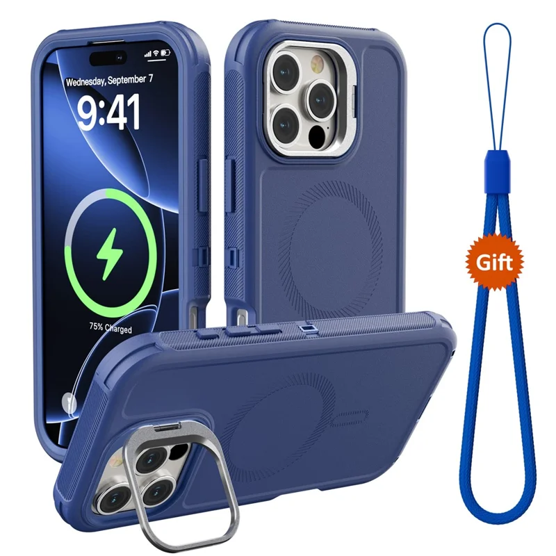 For iPhone 16 Pro Max Magnetic Case Lens Kickstand 3 in 1 Detachable TPU + PC Phone Back Cover with Lanyard - Dark Blue