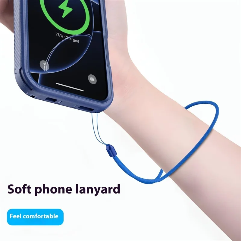 For iPhone 16 Pro Max Magnetic Case Lens Kickstand 3 in 1 Detachable TPU + PC Phone Back Cover with Lanyard - Dark Blue