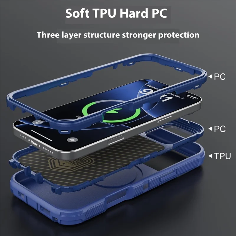 For iPhone 16 Pro Max Magnetic Case Lens Kickstand 3 in 1 Detachable TPU + PC Phone Back Cover with Lanyard - Dark Blue