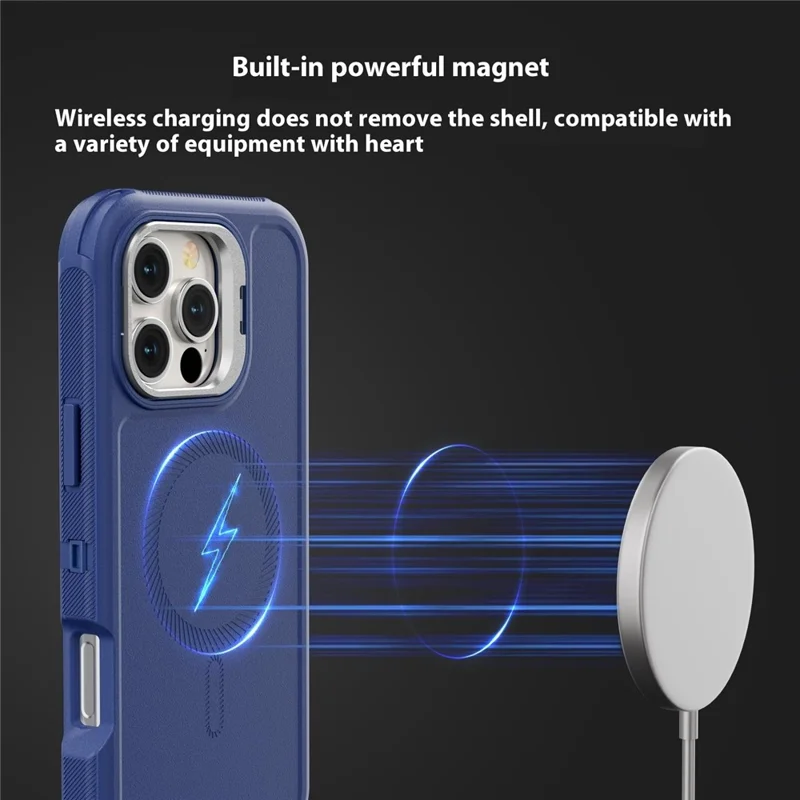 For iPhone 16 Pro Max Magnetic Case Lens Kickstand 3 in 1 Detachable TPU + PC Phone Back Cover with Lanyard - Dark Blue