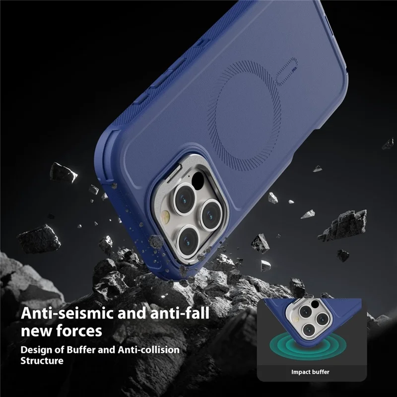 For iPhone 16 Pro Max Magnetic Case Lens Kickstand 3 in 1 Detachable TPU + PC Phone Back Cover with Lanyard - Dark Blue