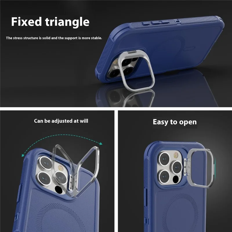 For iPhone 16 Pro Max Magnetic Case Lens Kickstand 3 in 1 Detachable TPU + PC Phone Back Cover with Lanyard - Dark Blue