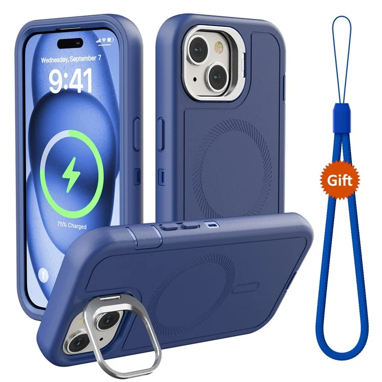 Per iPhone 15 Custodia magnetica Lente Supporto 3 in 1 Staccabile TPU + Custodia posteriore in PC con cordino - Blu scuro