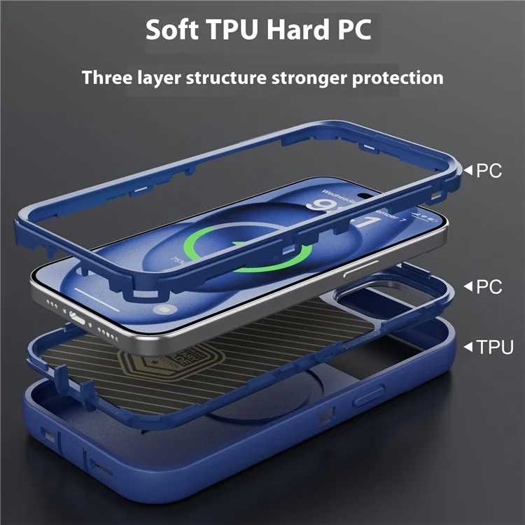 Per iPhone 15 Custodia magnetica Lente Supporto 3 in 1 Staccabile TPU + Custodia posteriore in PC con cordino - Blu scuro