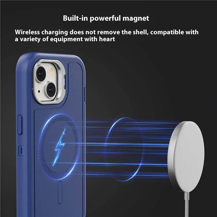 Per iPhone 15 Custodia magnetica Lente Supporto 3 in 1 Staccabile TPU + Custodia posteriore in PC con cordino - Blu scuro