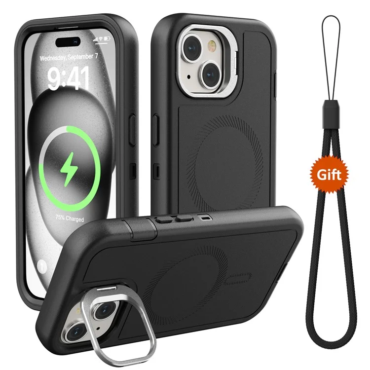 Für iPhone 15 Plus Magnetische Hülle mit Objektivhalterung 3-in-1 Abnehmbares TPU + PC Rückseite Handyhülle mit Lanyard - Schwarz
