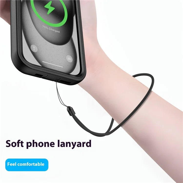 Für iPhone 15 Plus Magnetische Hülle mit Objektivhalterung 3-in-1 Abnehmbares TPU + PC Rückseite Handyhülle mit Lanyard - Schwarz