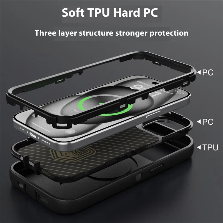 Für iPhone 15 Plus Magnetische Hülle mit Objektivhalterung 3-in-1 Abnehmbares TPU + PC Rückseite Handyhülle mit Lanyard - Schwarz