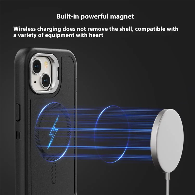 Für iPhone 15 Plus Magnetische Hülle mit Objektivhalterung 3-in-1 Abnehmbares TPU + PC Rückseite Handyhülle mit Lanyard - Schwarz