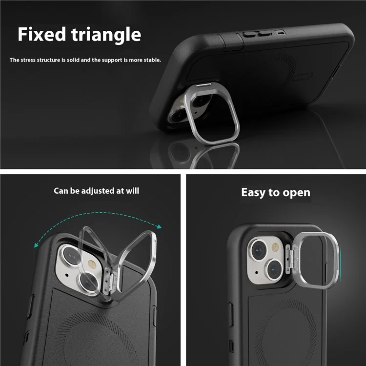 Für iPhone 15 Plus Magnetische Hülle mit Objektivhalterung 3-in-1 Abnehmbares TPU + PC Rückseite Handyhülle mit Lanyard - Schwarz