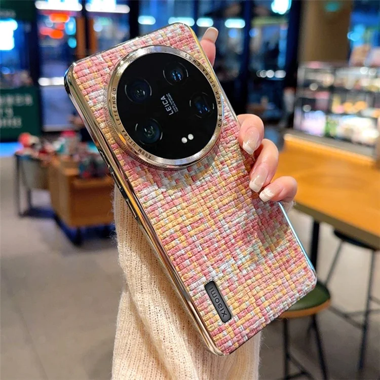 Cover per Xiaomi 14 Ultra con Bordi Elettroplaccati Argento, Texture Intrecciata in Pelle PU + PC - Colorato