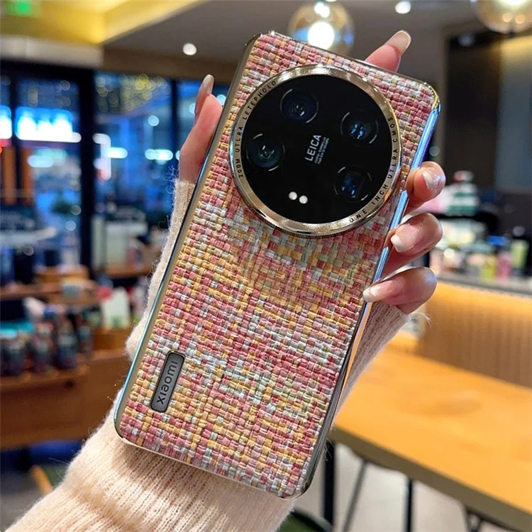 Cover per Xiaomi 14 Ultra con Bordi Elettroplaccati Argento, Texture Intrecciata in Pelle PU + PC - Colorato