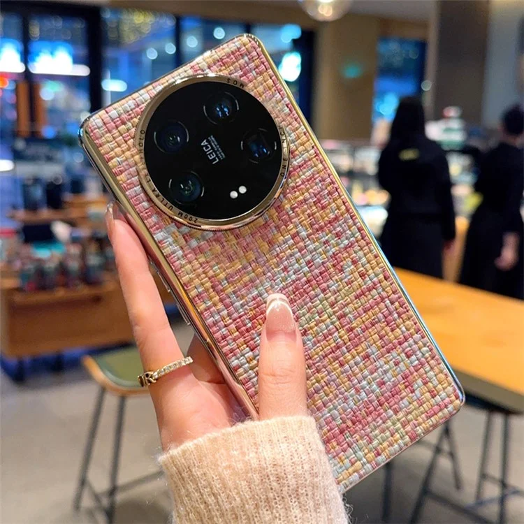 Cover per Xiaomi 14 Ultra con Bordi Elettroplaccati Argento, Texture Intrecciata in Pelle PU + PC - Colorato