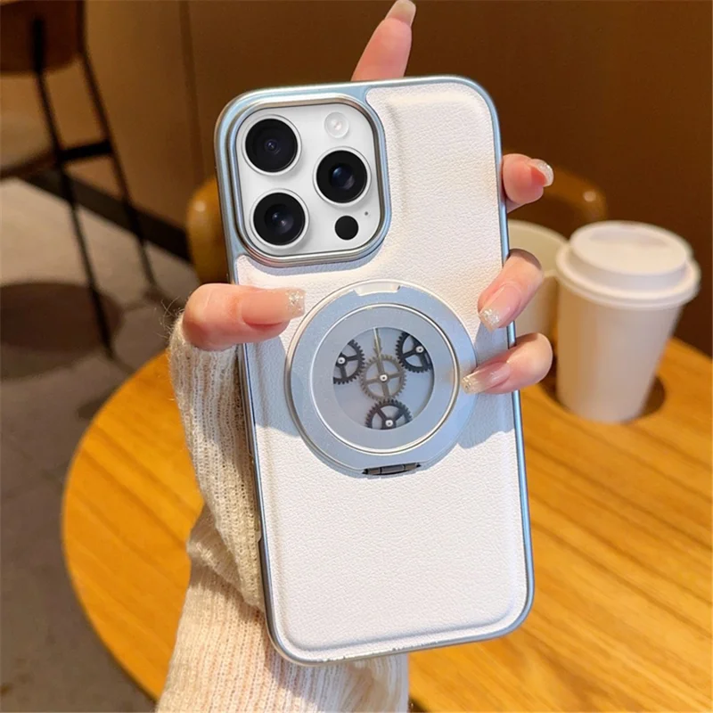For iPhone 16 Pro Magnetic Case Rotating Kickstand Gear Stress Relief Leather Phone Back Cover - White