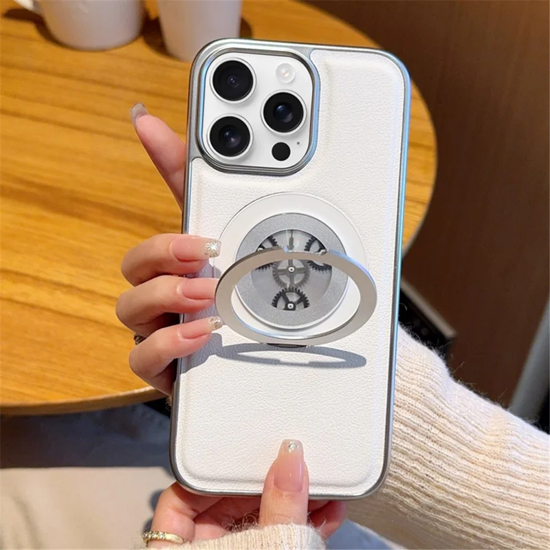 For iPhone 16 Pro Magnetic Case Rotating Kickstand Gear Stress Relief Leather Phone Back Cover - White