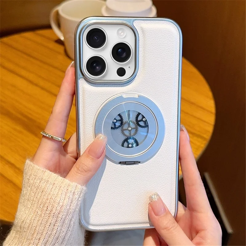 For iPhone 16 Pro Magnetic Case Rotating Kickstand Gear Stress Relief Leather Phone Back Cover - White