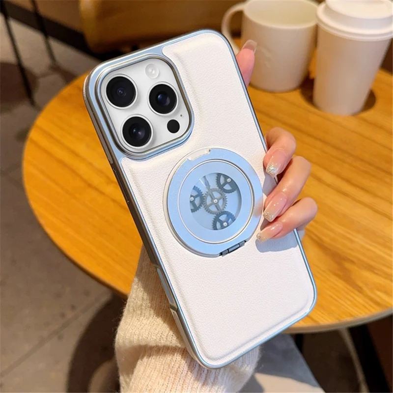 For iPhone 16 Pro Max Magnetic Case Rotating Kickstand Gear Stress Relief Leather Phone Back Cover - White