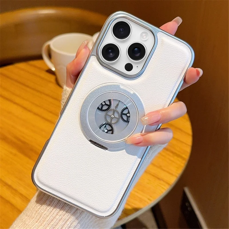 For iPhone 16 Pro Max Magnetic Case Rotating Kickstand Gear Stress Relief Leather Phone Back Cover - White