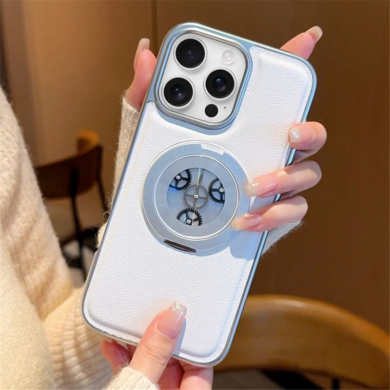 For iPhone 16 Pro Max Magnetic Case Rotating Kickstand Gear Stress Relief Leather Phone Back Cover - White