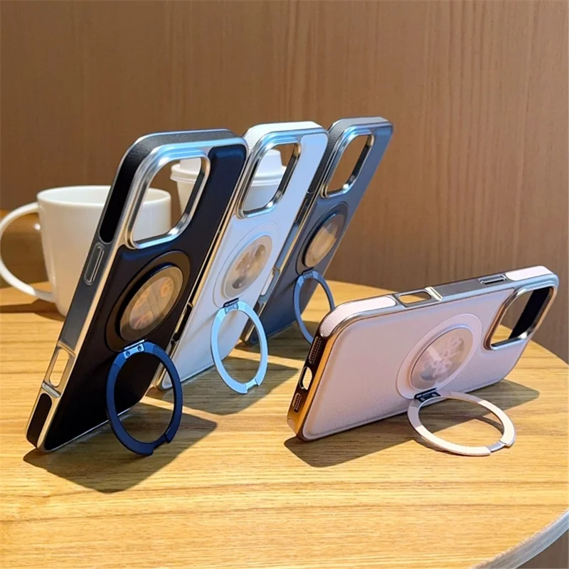For iPhone 16 Pro Max Magnetic Case Rotating Kickstand Gear Stress Relief Leather Phone Back Cover - White