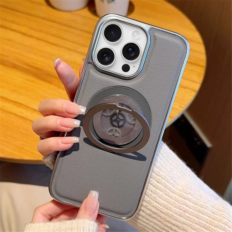 For iPhone 15 Pro Max Magnetic Case Rotating Kickstand Gear Stress Relief Leather Phone Back Cover - Grey