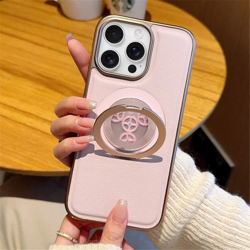 For iPhone 14 Pro Magnetic Case Rotating Kickstand Gear Stress Relief Leather Phone Back Cover - Pink