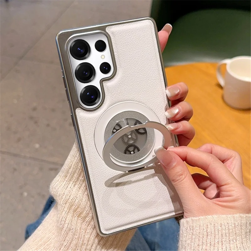 For Samsung Galaxy S25 Ultra Magnetic Case Rotating Kickstand Gear Stress Relief Leather Phone Back Cover - White