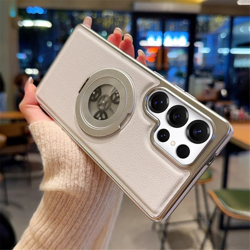 For Samsung Galaxy S25 Ultra Magnetic Case Rotating Kickstand Gear Stress Relief Leather Phone Back Cover - White