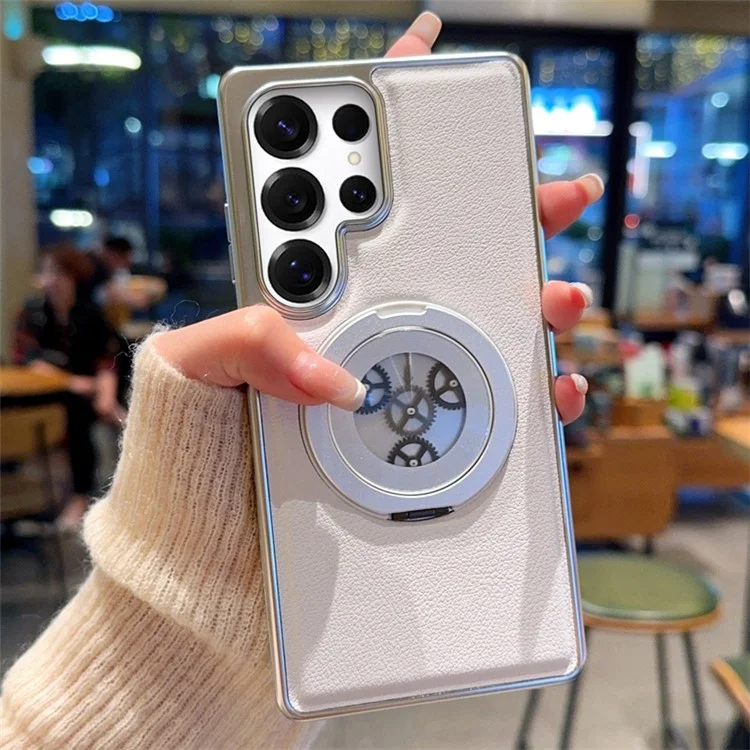 For Samsung Galaxy S24 Ultra Magnetic Case Rotating Kickstand Gear Stress Relief Leather Phone Back Cover - White