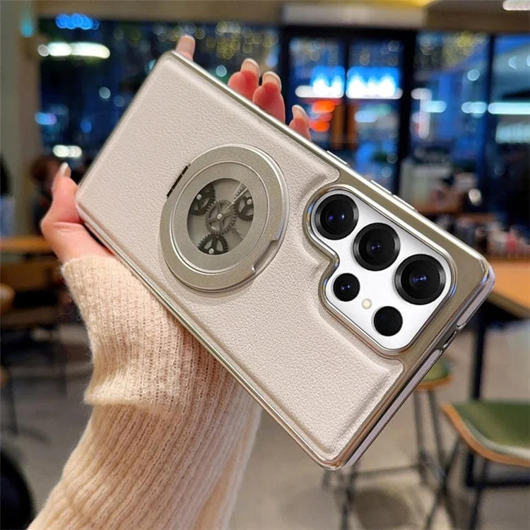 For Samsung Galaxy S24 Ultra Magnetic Case Rotating Kickstand Gear Stress Relief Leather Phone Back Cover - White