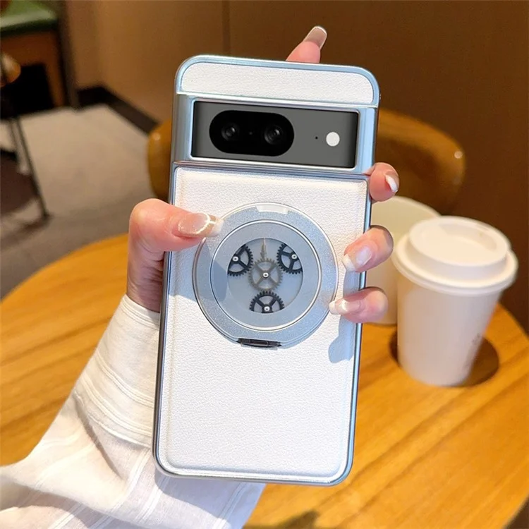 For Google Pixel 8 Magnetic Case Rotating Kickstand Gear Stress Relief Leather Phone Back Cover - White