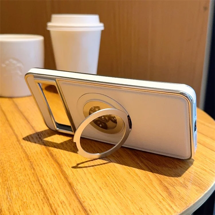 For Google Pixel 8 Magnetic Case Rotating Kickstand Gear Stress Relief Leather Phone Back Cover - White
