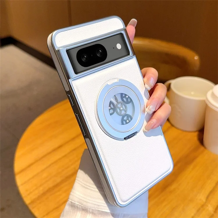 For Google Pixel 8 Magnetic Case Rotating Kickstand Gear Stress Relief Leather Phone Back Cover - White