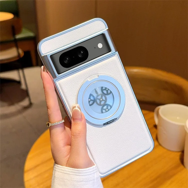 For Google Pixel 8 Magnetic Case Rotating Kickstand Gear Stress Relief Leather Phone Back Cover - White