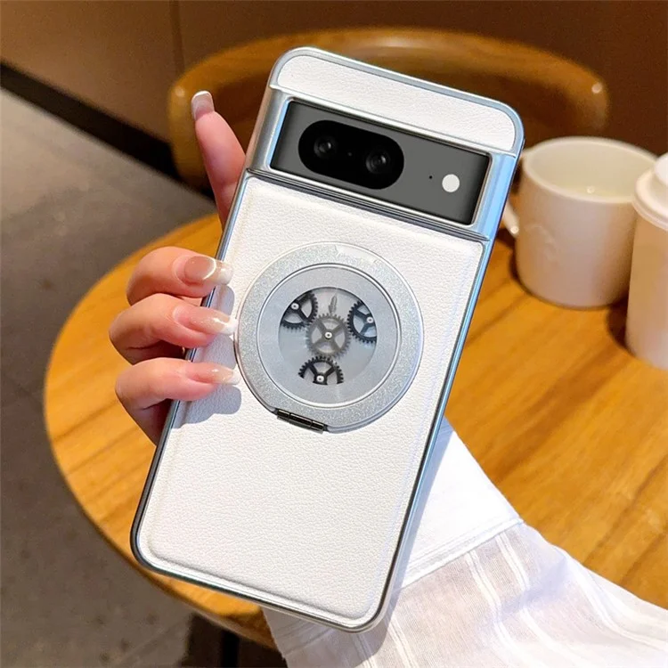 For Google Pixel 8 Magnetic Case Rotating Kickstand Gear Stress Relief Leather Phone Back Cover - White