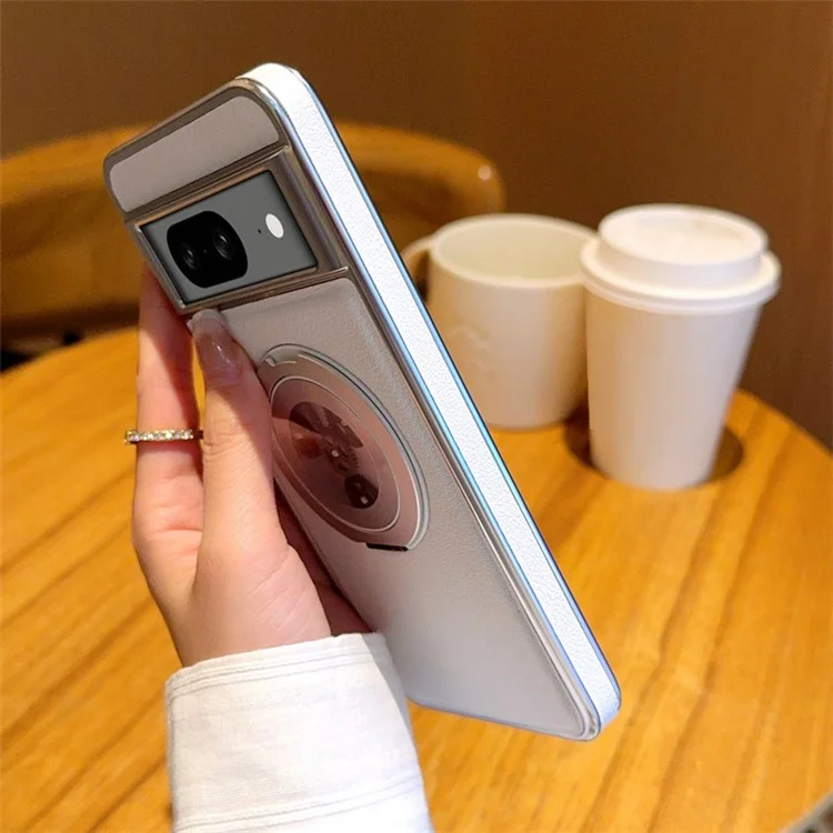 For Google Pixel 8 Magnetic Case Rotating Kickstand Gear Stress Relief Leather Phone Back Cover - White