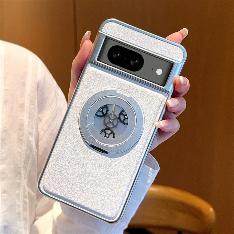 For Google Pixel 8 Magnetic Case Rotating Kickstand Gear Stress Relief Leather Phone Back Cover - White