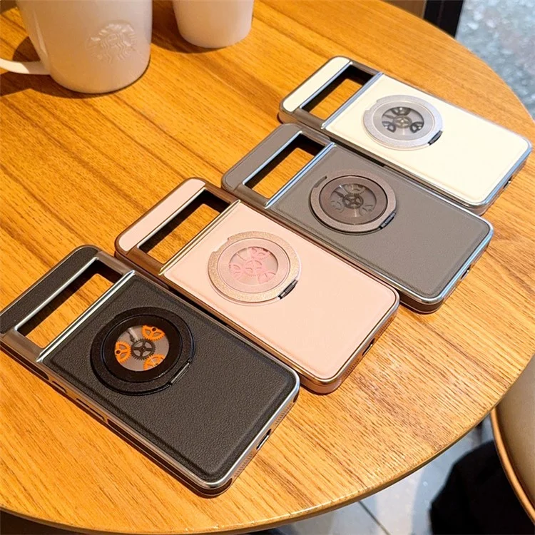 For Google Pixel 8 Magnetic Case Rotating Kickstand Gear Stress Relief Leather Phone Back Cover - White