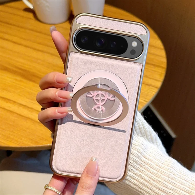 For Google Pixel 9 / Pixel 9 Pro Magnetic Case Rotating Kickstand Gear Stress Relief Leather Phone Back Cover - Pink