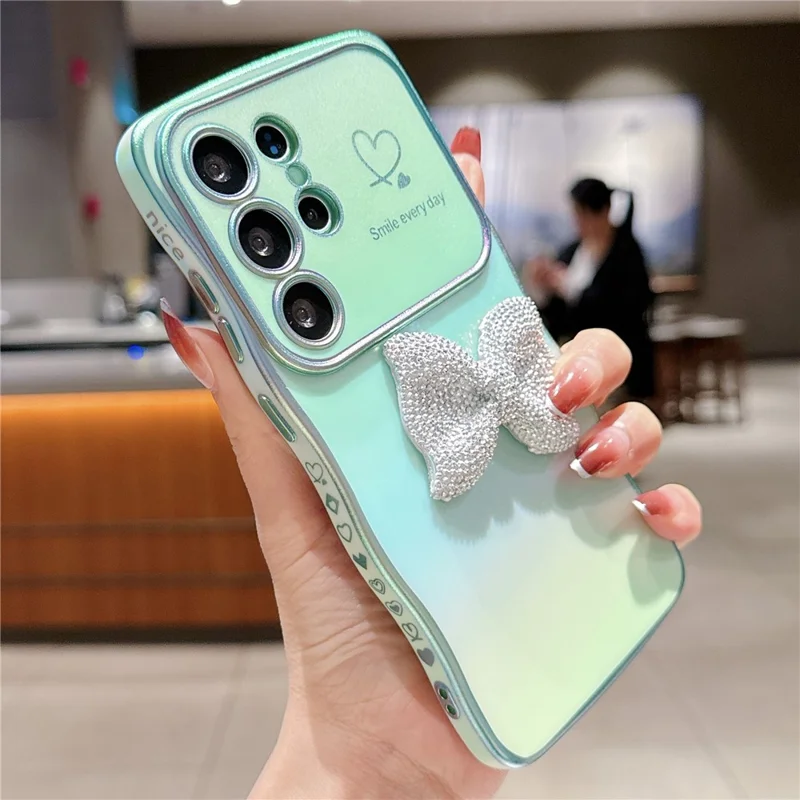 For Samsung Galaxy S25 Ultra Case Wave Edge Bow Decorated Soft TPU Phone Back Cover with Heart Pattern - Green