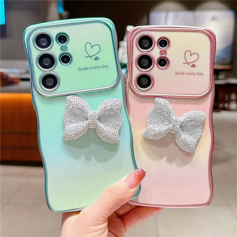 For Samsung Galaxy S25 Ultra Case Wave Edge Bow Decorated Soft TPU Phone Back Cover with Heart Pattern - Green