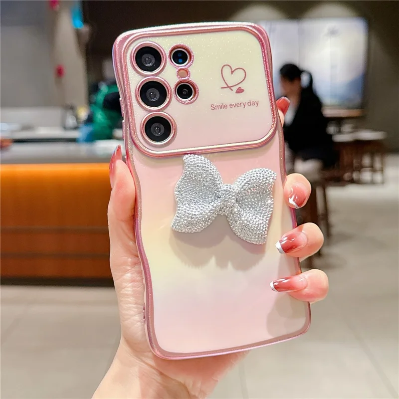 For Samsung Galaxy S25 Ultra Case Wave Edge Bow Decorated Soft TPU Phone Back Cover with Heart Pattern - Pink