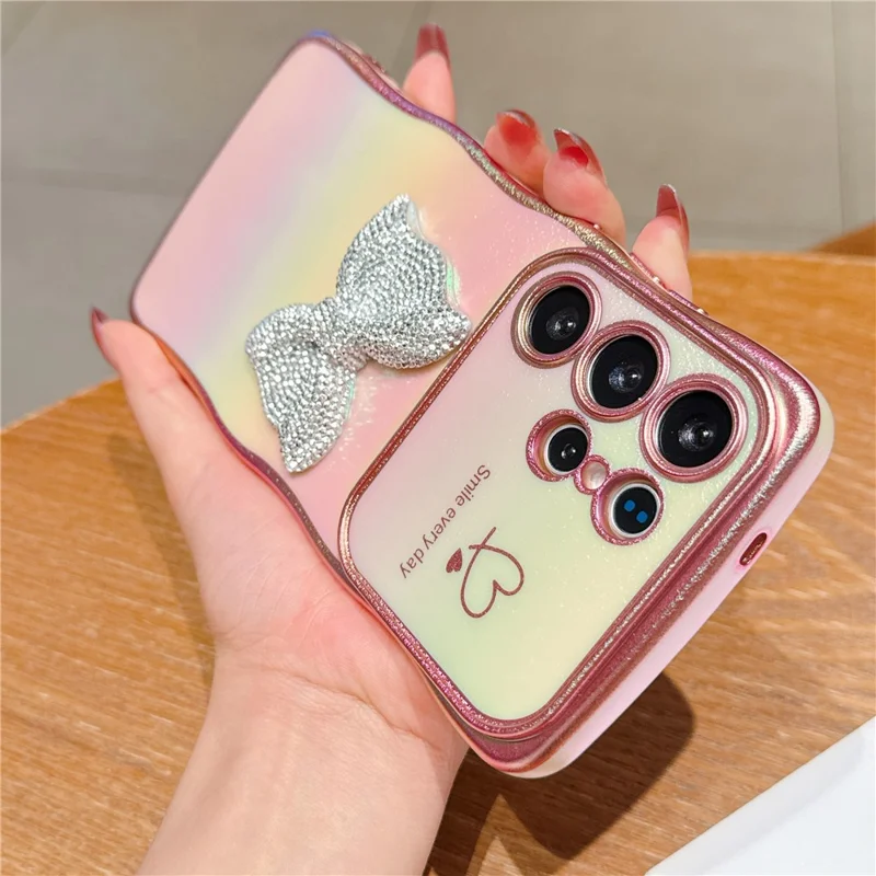 For Samsung Galaxy S25 Ultra Case Wave Edge Bow Decorated Soft TPU Phone Back Cover with Heart Pattern - Pink