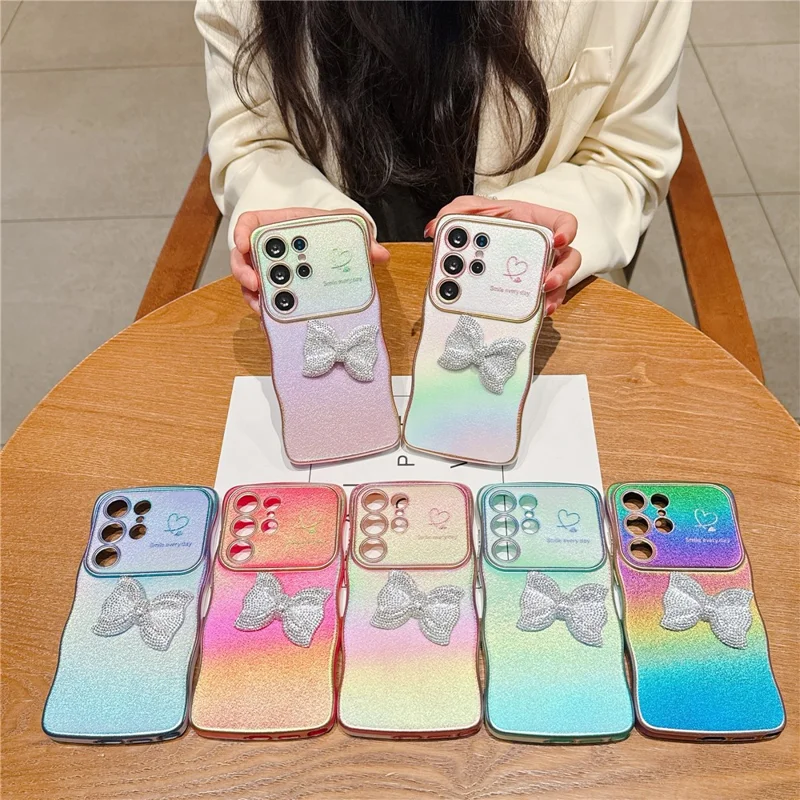 For Samsung Galaxy S25 Ultra Case Wave Edge Bow Decorated Soft TPU Phone Back Cover with Heart Pattern - Pink