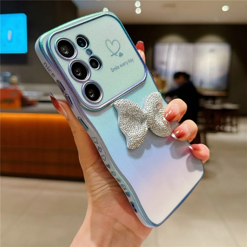 For Samsung Galaxy S24 Ultra Case Wave Edge Bow Decorated Soft TPU Phone Back Cover with Heart Pattern - Blue