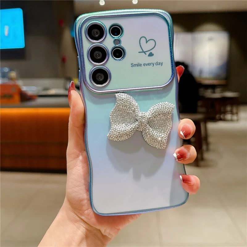 For Samsung Galaxy S24 Ultra Case Wave Edge Bow Decorated Soft TPU Phone Back Cover with Heart Pattern - Blue